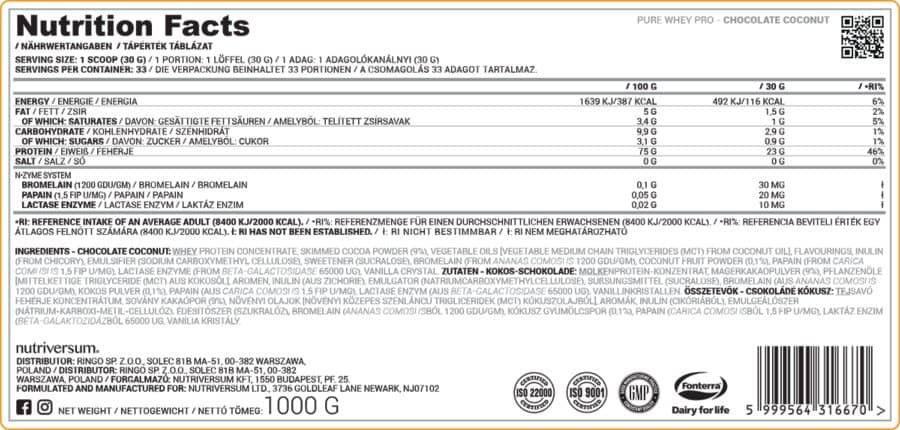 Nutriversum - PURE Whey PRO - 1 000 g [Tejsavó Fehérje koncentrátum]